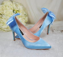Load image into Gallery viewer, Blue Satin Wedding Shoes with Bridal Bow Size UK6.5/US9