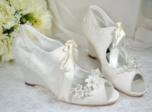 Load image into Gallery viewer, Ivory Lace Wedge Bridal Shoes Size UK6/US8.5
