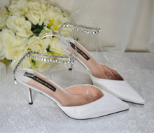 Load image into Gallery viewer, Bridal White Sandals Designer Satin Handmade Shoes with Crystal Ankle Strap Size UK8