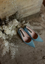 Load image into Gallery viewer, Blue Suede Wedding Shoes with 'Cherry Blossom' Size UK7/US9