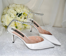 Load image into Gallery viewer, Bridal White Sandals Designer Satin Handmade Shoes with Crystal Ankle Strap Size UK8