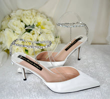 Load image into Gallery viewer, Bridal White Sandals Designer Satin Handmade Shoes with Crystal Ankle Strap Size UK8