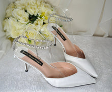 Load image into Gallery viewer, Bridal White Sandals Designer Satin Handmade Shoes with Crystal Ankle Strap Size UK8