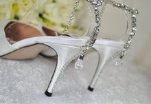 Load image into Gallery viewer, Bridal White Sandals Designer Satin Handmade Shoes with Crystal Ankle Strap Size UK8