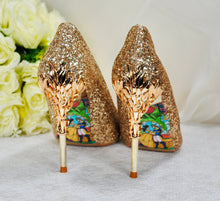Load image into Gallery viewer, Gold Glitter Shoes, Beauty and the Beast 9cm - 7cm Heel