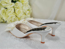 Load image into Gallery viewer, Satin Bridal Mules with Bow, Ivory Wedding Shoes, Low Kitten Heels