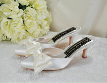 Load image into Gallery viewer, Satin Bridal Mules with Bow, Ivory Wedding Shoes, Low Kitten Heels