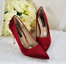 Load image into Gallery viewer, Burgundy Red Satin Bridal Shoes 'Cherry Blossom' Floral Embellishment and Matching Clutch Bag