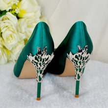 Load image into Gallery viewer, Emerald Green Vine Heels - Satin Bridal Shoes with Filigree Heels