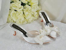 Load image into Gallery viewer, Satin Bridal Mules with Bow, Ivory Wedding Shoes, Low Kitten Heels