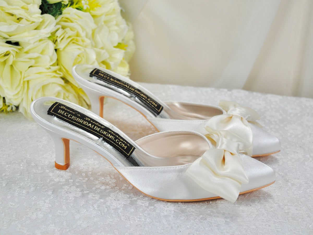 Satin Bridal Mules with Bow, Ivory Wedding Shoes, Low Kitten Heels –  Becci's Bridal Designs