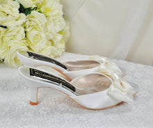 Load image into Gallery viewer, Satin Bridal Mules with Bow, Ivory Wedding Shoes, Low Kitten Heels