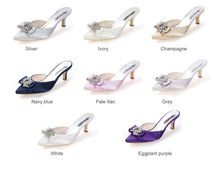 Load image into Gallery viewer, Satin Bridal Mules with Bow, Ivory Wedding Shoes, Low Kitten Heels