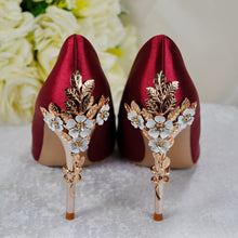 Load image into Gallery viewer, Burgundy Red Satin Bridal Shoes with Gold  'Cherry Blossom',