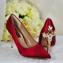 Load image into Gallery viewer, Burgundy Red Satin Bridal Shoes 'Cherry Blossom' Floral Embellishment and Matching Clutch Bag