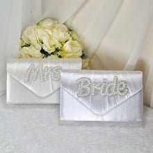 Load image into Gallery viewer, Bride Satin Clutch Bag, Pearl Mrs Embellishment, Over 25 colours