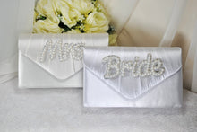 Load image into Gallery viewer, Bride Satin Clutch Bag, Pearl Mrs Embellishment, Over 25 colours