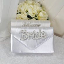 Load image into Gallery viewer, Bride Satin Clutch Bag, Pearl Mrs Embellishment, Over 25 colours