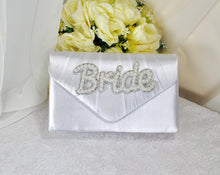 Load image into Gallery viewer, Bride Satin Clutch Bag, Pearl Mrs Embellishment, Over 25 colours