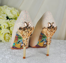 Load image into Gallery viewer, Light Gold Shimmer Wedding Shoes Beauty and the Beast Bridal Filigree Vine Heels