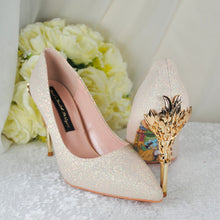 Load image into Gallery viewer, Light Gold Shimmer Wedding Shoes Beauty and the Beast Bridal Filigree Vine Heels