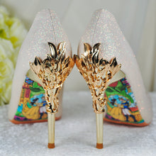 Load image into Gallery viewer, Light Gold Shimmer Wedding Shoes Beauty and the Beast Bridal Filigree Vine Heels