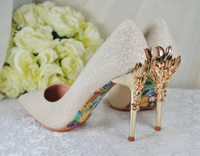 Load image into Gallery viewer, Light Gold Shimmer Wedding Shoes Beauty and the Beast Bridal Filigree Vine Heels