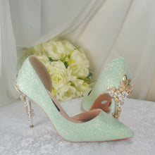Load image into Gallery viewer, Green Bridal Shoes with Cherry Blossom Size UK6/US8.5