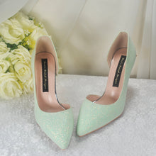Load image into Gallery viewer, Green Shimmer Bridal Shoes with Cherry Blossom