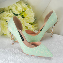 Load image into Gallery viewer, Green Shimmer Bridal Shoes with Cherry Blossom