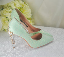 Load image into Gallery viewer, Green Shimmer Bridal Shoes with Cherry Blossom