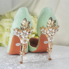 Load image into Gallery viewer, Green Shimmer Bridal Shoes with Cherry Blossom