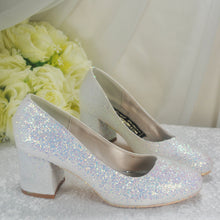 Load image into Gallery viewer, White Sparkling Glitter Wedding Block Heels Bridal Shoes - Size UK5 / US7.5