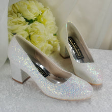 Load image into Gallery viewer, White Sparkling Glitter Wedding Block Heels Bridal Shoes - Size UK5 / US7.5
