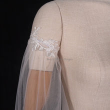 Load image into Gallery viewer, Bicep Wedding Cape with Lace, Detachable Dress Sleeves, Bridal Wings, Veil, Bride Cape