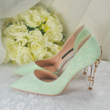 Load image into Gallery viewer, Green Shimmer Bridal Shoes with Cherry Blossom