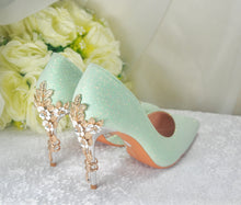 Load image into Gallery viewer, Green Shimmer Bridal Shoes with Cherry Blossom