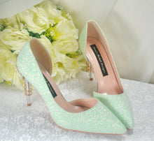 Load image into Gallery viewer, Green Bridal Shoes with Cherry Blossom Size UK6/US8.5