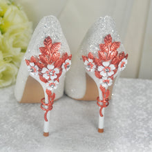 Load image into Gallery viewer, White Glitter Wedding Shoes with Rose Gold Cherry Blossom Heels