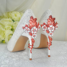 Load image into Gallery viewer, White Glitter Wedding Shoes with Rose Gold Cherry Blossom Heels