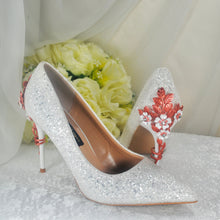 Load image into Gallery viewer, White Glitter Wedding Shoes with Rose Gold Cherry Blossom Heels