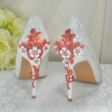 Load image into Gallery viewer, White Glitter Wedding Shoes with Rose Gold Cherry Blossom Heels