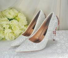 Load image into Gallery viewer, White Glitter Wedding Shoes with Rose Gold Cherry Blossom Heels