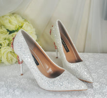 Load image into Gallery viewer, White Glitter Wedding Shoes with Rose Gold Cherry Blossom Heels
