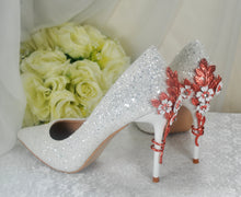Load image into Gallery viewer, White Glitter Wedding Shoes with Rose Gold Cherry Blossom Heels