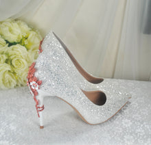 Load image into Gallery viewer, White Glitter Wedding Shoes with Rose Gold Cherry Blossom Heels