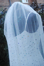 Load image into Gallery viewer, White Wedding Veil with Multicoloured Hearts and attached comb