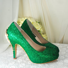 Load image into Gallery viewer, Emerald Green Shimmer Wedding Shoes with 'Cherry Blossom'