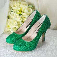 Load image into Gallery viewer, Emerald Green Shimmer Wedding Shoes with 'Cherry Blossom'