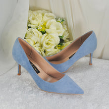 Load image into Gallery viewer, Low Heel Blue Suede Wedding Bridal Heels Shoes 8cm, 10cm Heel